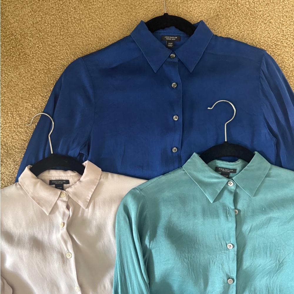 Three Ann Taylor Button Down Shirts - Blue, Cream, and Green